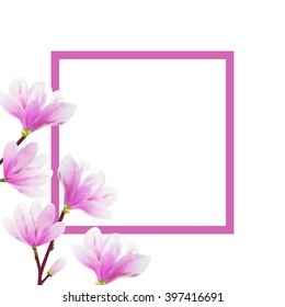 Fresh spring background with blossom brunch of Magnolia and frame. Vector.
