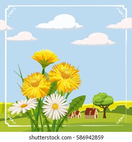 Fresh spring background bouquet of daisies and dandelions, grass, fields, houses, background, Cartoon style, vector illustration