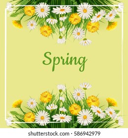 Fresh spring background bouquet of daisies and dandelions, grass, greeting, Cartoon style, vector illustration