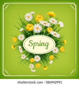 Fresh spring background bouquet of daisies and dandelions, grass, greeting, isolated, Cartoon style, vector illustration