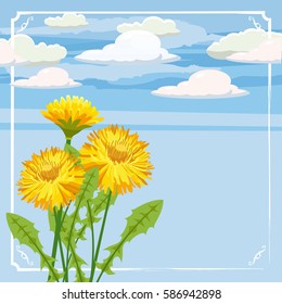 Fresh spring background bouquet of dandelions, grass, greeting, isolated, Cartoon style, vector illustration