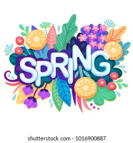 Fresco fondo de primavera con flores, hojas y hierbas coloridas. Banner Floral para el diseño gráfico de Springtime. El Bouquet floreciente con inscripción. Ilustración vectorial.
