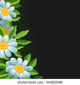Fresh spring background. Daisies and green leaves border.