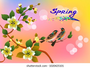 Fresh spring background with flowers and birds