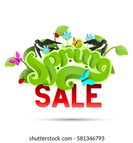 Fresh spring background with grass, butterflies, birds and bugs. Calligraphic. 
Pseudo 3D lettering. Invitation (ads) on sale. Promotional flyer.