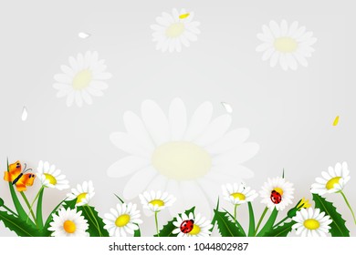 Fresh spring background with grass, dandelions and daisies. Design banner with spring is here logo. Card for spring season. Design Template for banner, flyers, invitation, poster, brochure.