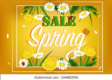 Fresh spring background with grass, dandelions and daisies. Design banner with spring is here logo. Card for spring season. Design Template for banner, flyers, invitation, poster, brochure.