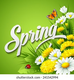 Fresh spring background with grass, dandelions and daisies