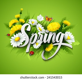 Fresh spring background with grass, dandelions and daisies - Shutterstock ID 241543015