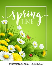 Fresh spring background with grass, dandelions and daisies. Vector illustration 