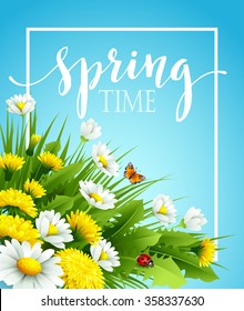 Fresh spring background with grass, dandelions and daisies. Vector illustration 