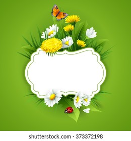 Fresh spring background with grass, dandelions and daisies