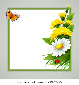 Fresh spring background with grass, dandelions and daisies  Vector
