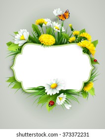 Fresh spring background with grass, dandelions and daisies  Vector