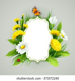 Fresh spring background with grass, dandelions and daisies Vector