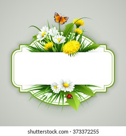 Fresh spring background with grass, dandelions and daisies  Vector