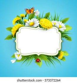 Fresh spring background with grass, dandelions and daisies Vector
