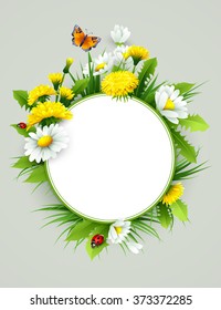 Fresh spring background with grass, dandelions and daisies Vector
