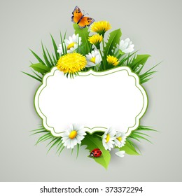 Fresh spring background with grass, dandelions and daisies