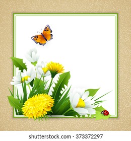 Fresh spring background with grass, dandelions and daisies