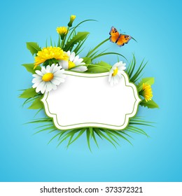 Fresh spring background with grass, dandelions and daisies  Vector