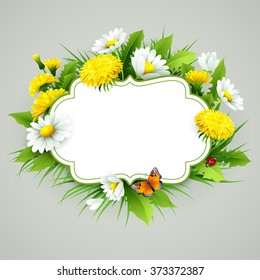 Fondo fresco de la primavera con la hierba, los dientes de león y el Vector de las margaritas