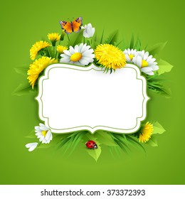 Fresh spring background with grass, dandelions and daisies  Vector