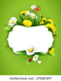 Fresh spring background with grass, dandelions and daisies. Vector