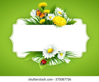 Fresh spring background with grass, dandelions and daisies. Vector