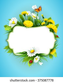 Fresh spring background with grass, dandelions and daisies. Vector