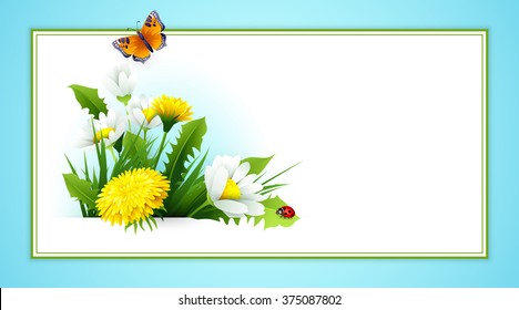 Fresh spring background with grass, dandelions and daisies. Vector