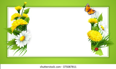 Fresh spring background with grass, dandelions and daisies. Vector