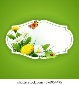Fresh spring background with grass, dandelions and daisies. Vector