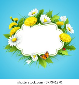 Fresh spring background with grass, dandelions and daisies. Vector