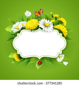 Fresh spring background with grass, dandelions and daisies. Vector