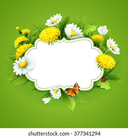 Fresh spring background with grass, dandelions and daisies. Vector