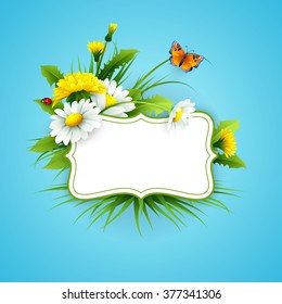 Fresh spring background with grass, dandelions and daisies. Vector