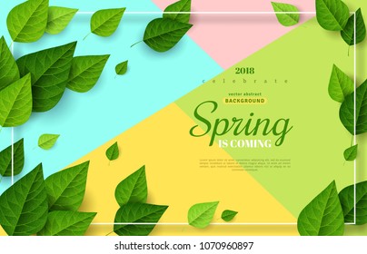 Fresh Spring Background With Green Leaves And Square Frame On Trendy Geometric Backdrop. Vector Illustration. 