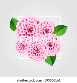 Fresh spring background with green leaves and pink dahlia. Vintage greeting card. Vector illustration.