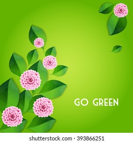 Fresh spring background with green leaves and pink dahlia. Vector illustration.