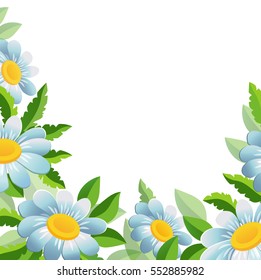 Fresh spring background with green leaves, grass and daisies