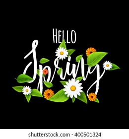 Fresh Spring background poster with leafs, chamomile and flowers. Hello spring
