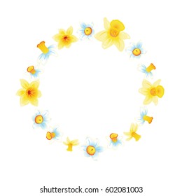 Fresh spring background with small yellow and blue narcissus. White background. Vector