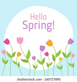 Fresh spring background with tulips. Hello Spring. Greeting card with blossoming tulips. Flat spring vector illustration. 