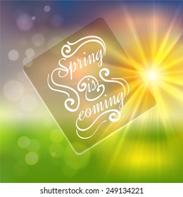 Fresh Spring bokeh background with lettering, vector