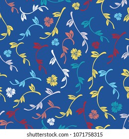 Fresh spring branches with small leaves and pansy flowers. Abstract vector seamless pattern. Funny background cloth and textile design, diary covers, gift wrapping and invitations