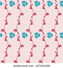 Fresh spring branches with small leaves and pansy flowers. Abstract vector seamless pattern. Background cloth and textile design, diary covers, gift wrapping and invitations