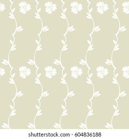 Fresh spring branches with small leaves and pansy flowers. Vintage vector seamless pattern. Background cloth and textile design, diary covers, gift wrapping and invitations