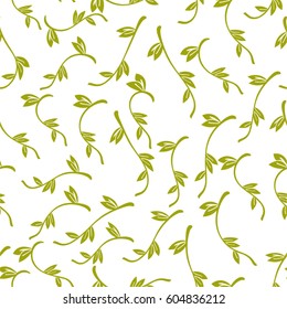 Fresh spring branches with small leaves. Abstract vector seamless pattern. Background cloth and textile design, diary covers, gift wrapping and invitations
