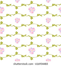 Fresh spring branches with small leaves and pansy flowers. Abstract vector seamless pattern. Background cloth and textile design, diary covers, gift wrapping and invitations